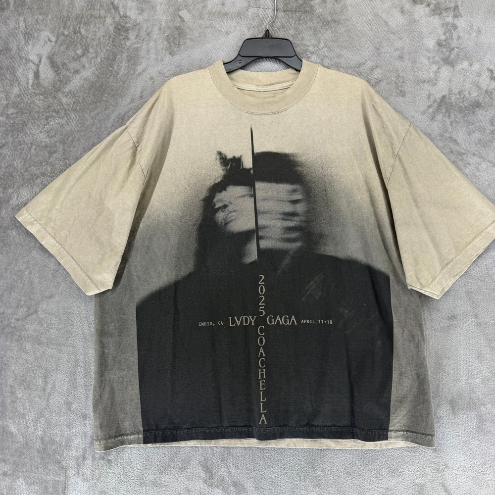 Lady Gaga T-Shirt Unisex L Mayhem Coachella 2025 Tan Grey Graphic Concert EUC